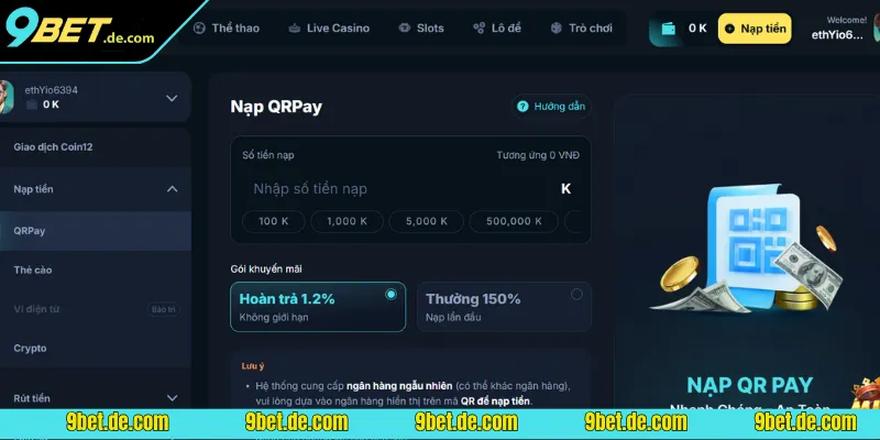 Hướng dẫn nạp tiền vào ví cá cược bằng QRPay trên hệ thống 